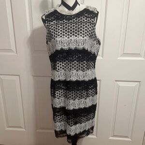 Badgley Mischka Black and White Geometric Lace Midi Dress